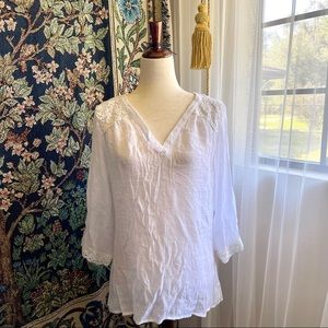 White Bohemian V-Neck Cotton Blouse with Crochet Lace Trim, Beach Cover Up